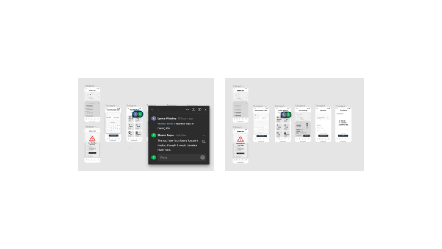 Transport screens being reviewed in Figma — async design critique across time zones