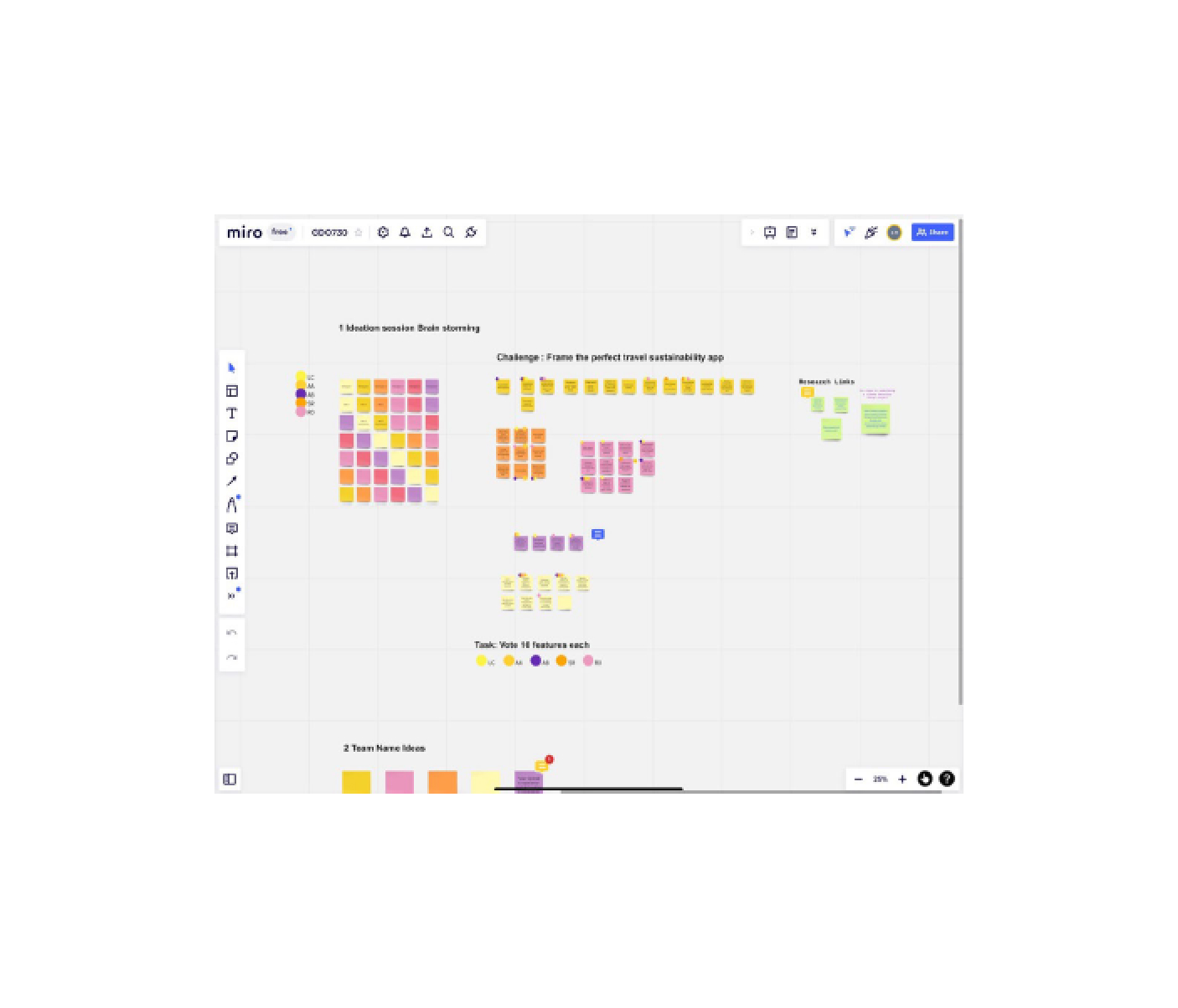 Miro brainstorming board — framing the challenge and prioritising features across the team
