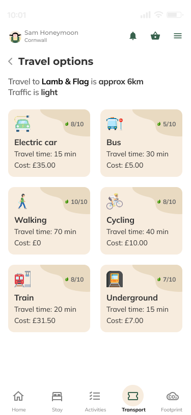 Final Transport screen — travel options ranked by sustainability score