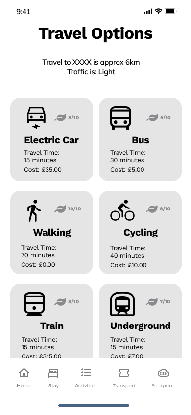 Transport screen wireframe — structure before visual design