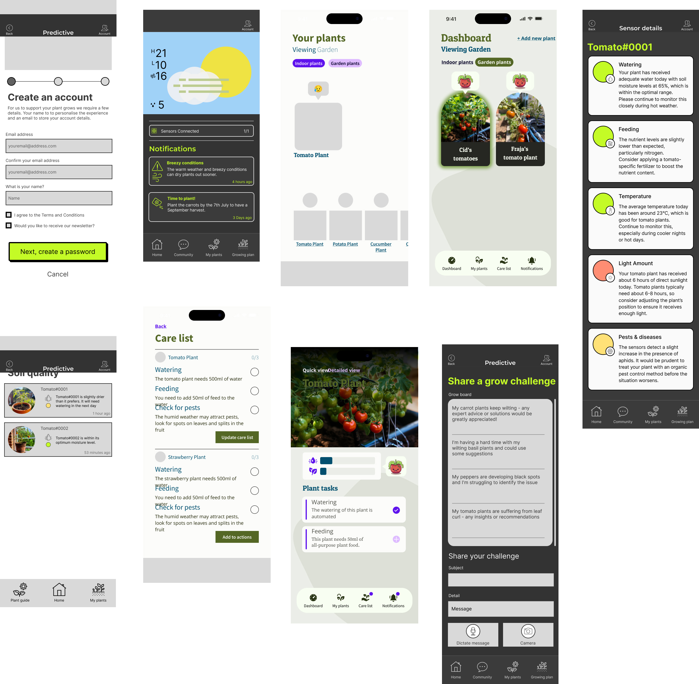 Final app screens — dashboard, care list, sensor detail, and social grow challenge views