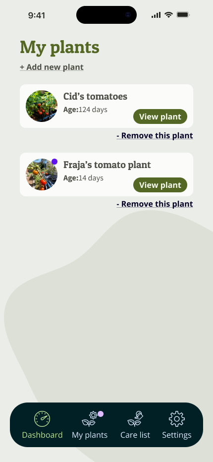 My Plants list — linking Cid and Fraja's plants with age tracking and quick access