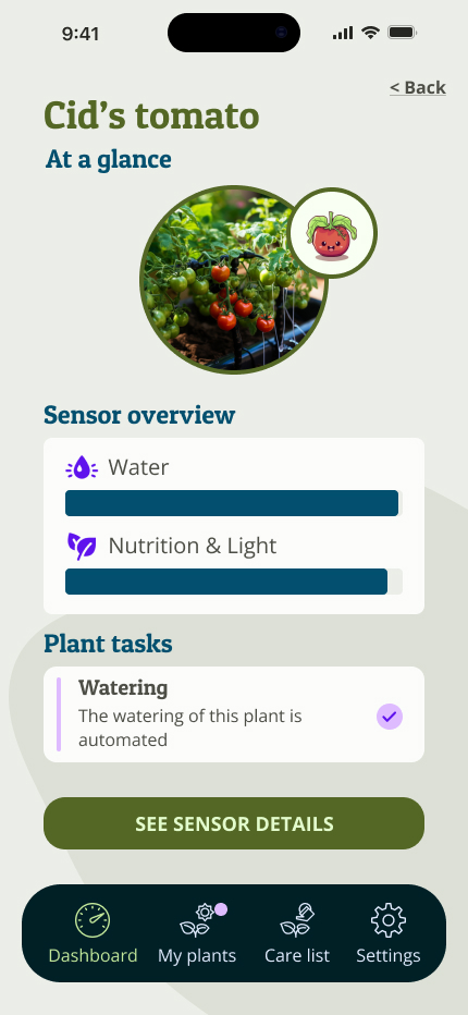 Quick view — Cid's tomato with emoji health indicator, sensor readings, and automated care task